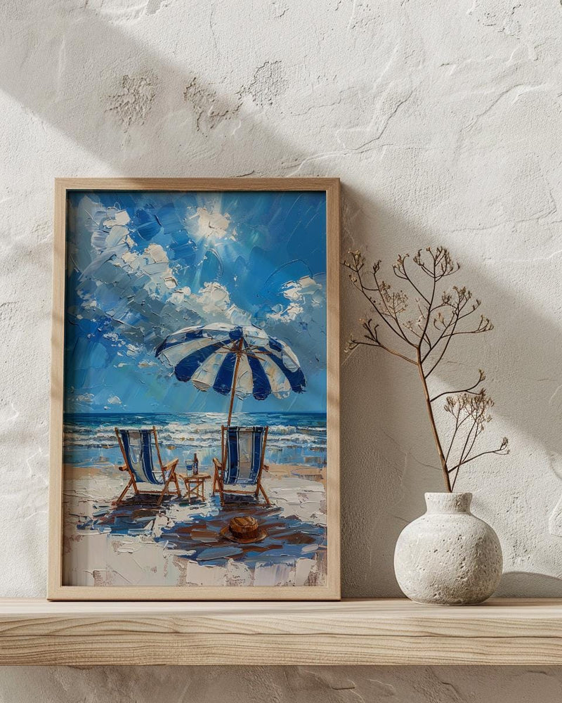 Hamptons Beach Club Art Print, Luxury Coastal Navy Decor - Striped Umbrella Pristine White Sand