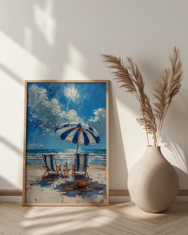 Hamptons Beach Club Art Print, Luxury Coastal Navy Decor - Striped Umbrella Pristine White Sand