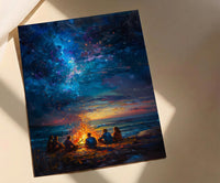Cape Cod Bonfire Poster, Warm Summer Night Beach Decor - Glowing Orange Fire Ocean View