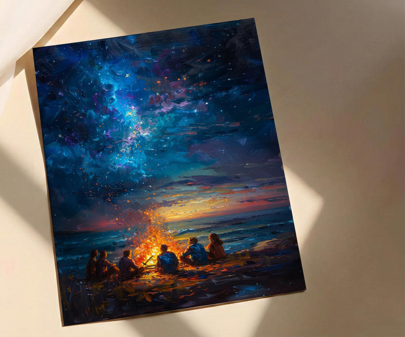 Cape Cod Bonfire Poster, Warm Summer Night Beach Decor - Glowing Orange Fire Ocean View