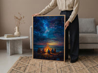 Cape Cod Bonfire Poster, Warm Summer Night Beach Decor - Glowing Orange Fire Ocean View