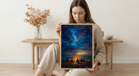 Cape Cod Bonfire Poster, Warm Summer Night Beach Decor - Glowing Orange Fire Ocean View