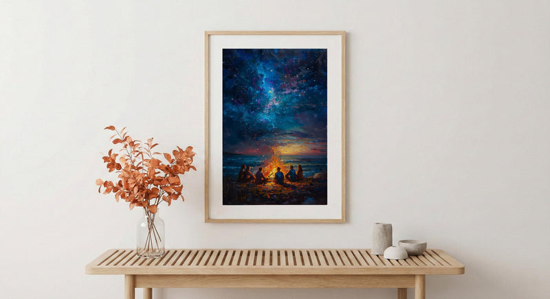Cape Cod Bonfire Poster, Warm Summer Night Beach Decor - Glowing Orange Fire Ocean View