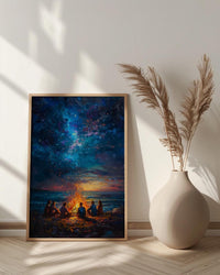 Cape Cod Bonfire Poster, Warm Summer Night Beach Decor - Glowing Orange Fire Ocean View