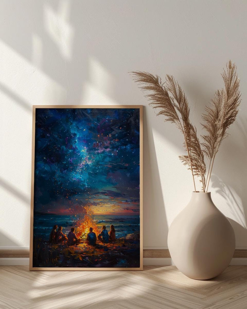 Cape Cod Bonfire Poster, Warm Summer Night Beach Decor - Glowing Orange Fire Ocean View