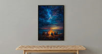 Cape Cod Bonfire Poster, Warm Summer Night Beach Decor - Glowing Orange Fire Ocean View
