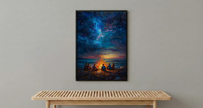 Cape Cod Bonfire Poster, Warm Summer Night Beach Decor - Glowing Orange Fire Ocean View