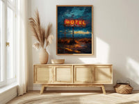 Retro Neon Motel Art Print, Vintage Americana Road Decor - Dark Blue Summer Night