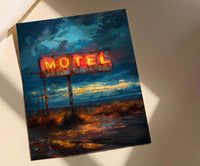Retro Neon Motel Art Print, Vintage Americana Road Decor - Dark Blue Summer Night