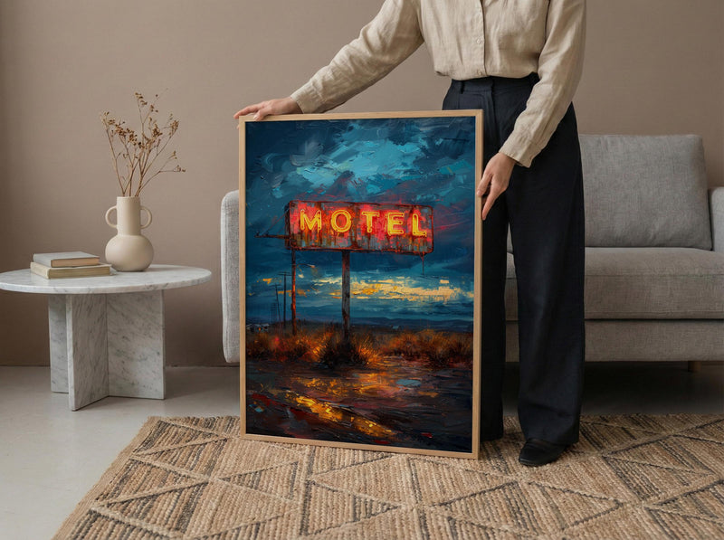 Retro Neon Motel Art Print, Vintage Americana Road Decor - Dark Blue Summer Night