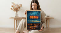 Retro Neon Motel Art Print, Vintage Americana Road Decor - Dark Blue Summer Night