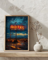 Retro Neon Motel Art Print, Vintage Americana Road Decor - Dark Blue Summer Night