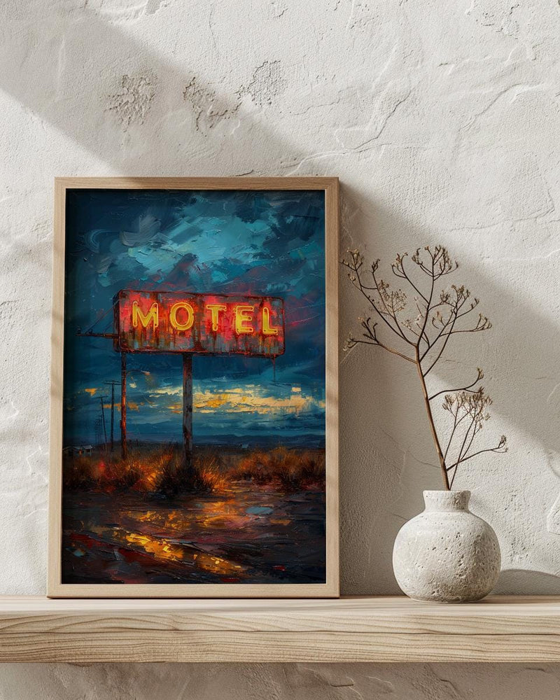 Retro Neon Motel Art Print, Vintage Americana Road Decor - Dark Blue Summer Night