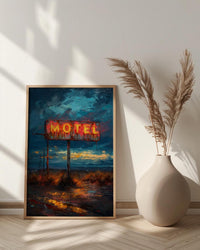 Retro Neon Motel Art Print, Vintage Americana Road Decor - Dark Blue Summer Night