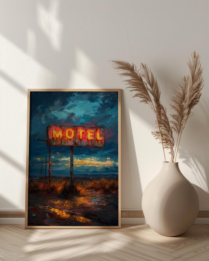 Retro Neon Motel Art Print, Vintage Americana Road Decor - Dark Blue Summer Night