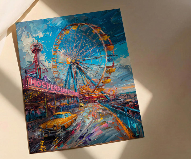 Coney Island Amusement Wall Art, Vintage New York Decor - Wooden Rollercoaster Summer Day