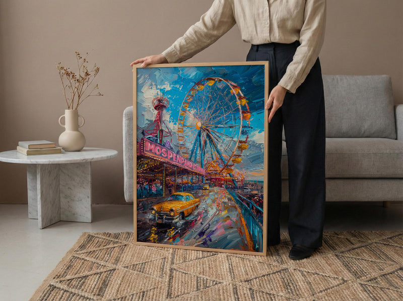 Coney Island Amusement Wall Art, Vintage New York Decor - Wooden Rollercoaster Summer Day