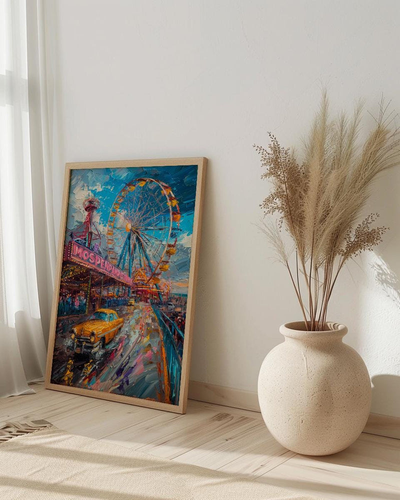 Coney Island Amusement Wall Art, Vintage New York Decor - Wooden Rollercoaster Summer Day