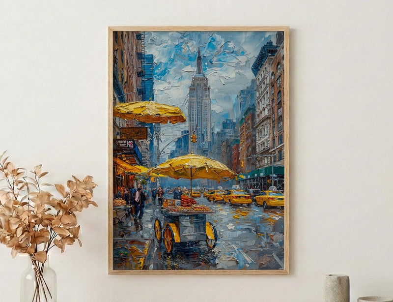 New York City Street Wall Art, Classic Food Cart Decor - Yellow Umbrella Summer Scene