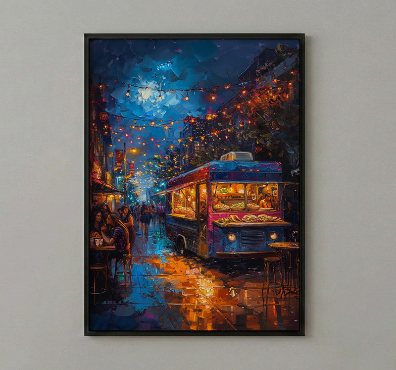 Austin Food Truck Festival Poster, Texas Night Market Decor - Glowing String Light Scene