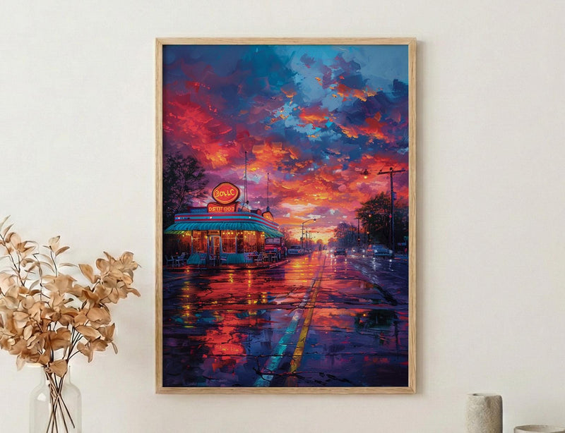 Route Sixty Six Diner Poster, Classic Americana Travel Decor - Neon Sign Summer Sunset