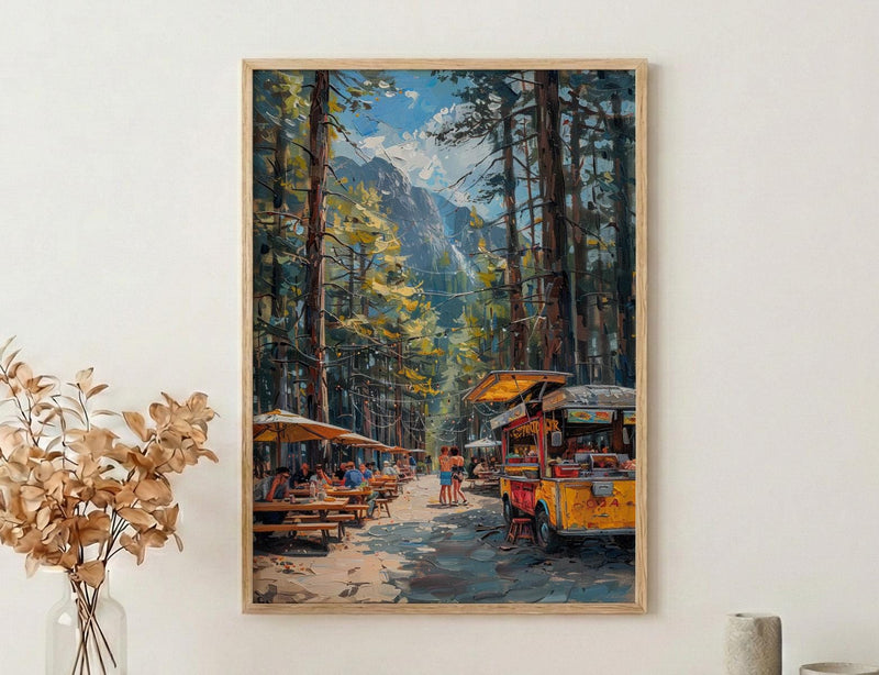 Portland Food Cart Wall Art, Oregon Street Food Decor - Lush Pine Tree Picnic Scene