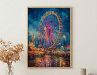 Texas State Fair Art Print, Summer Festival Event Decor - Glowing Ferris Wheel Night Scene