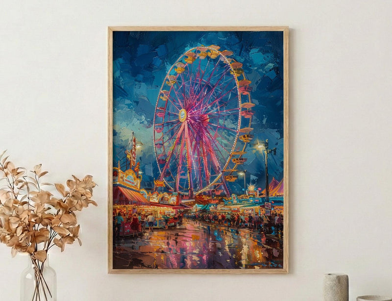 Texas State Fair Art Print, Summer Festival Event Decor - Glowing Ferris Wheel Night Scene