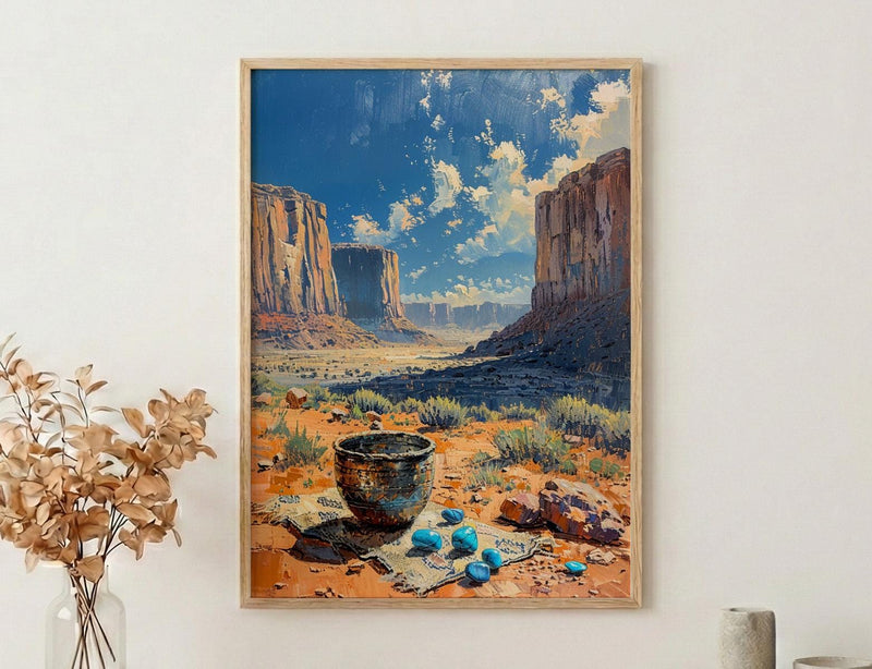 Navajo Artisan Jewelry Poster, Desert Red Rock Room Decor - Silver Turquoise Stone Summer View