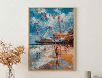 Santa Monica Pier Poster, Lively California Coast City Decor - Giant Ferris Wheel Summer Vibe