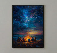 Cape Cod Bonfire Poster, Warm Summer Night Beach Decor - Glowing Orange Fire Ocean View