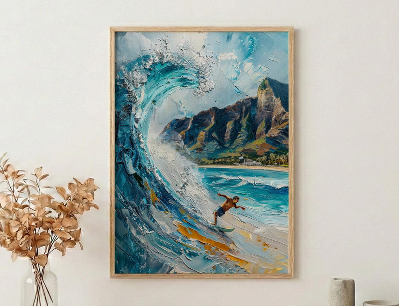 Hawaii Waikiki Beach Wall Art, Pacific Ocean Surfing Decor - Bright Blue Summer Wave Scene