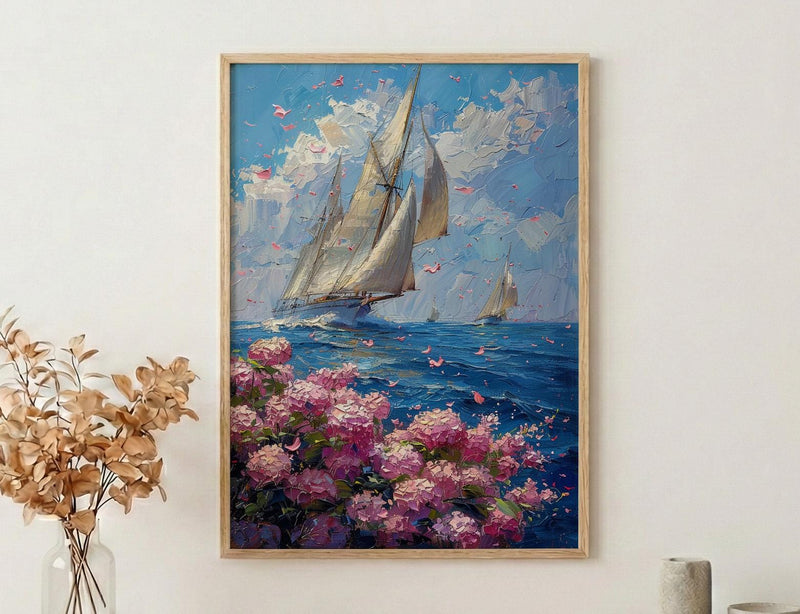 Nantucket Sailboat Harbor Poster, Preppy East Coast Summer Decor - Vibrant Pink Hydrangea Ocean View