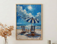 Hamptons Beach Club Art Print, Luxury Coastal Navy Decor - Striped Umbrella Pristine White Sand