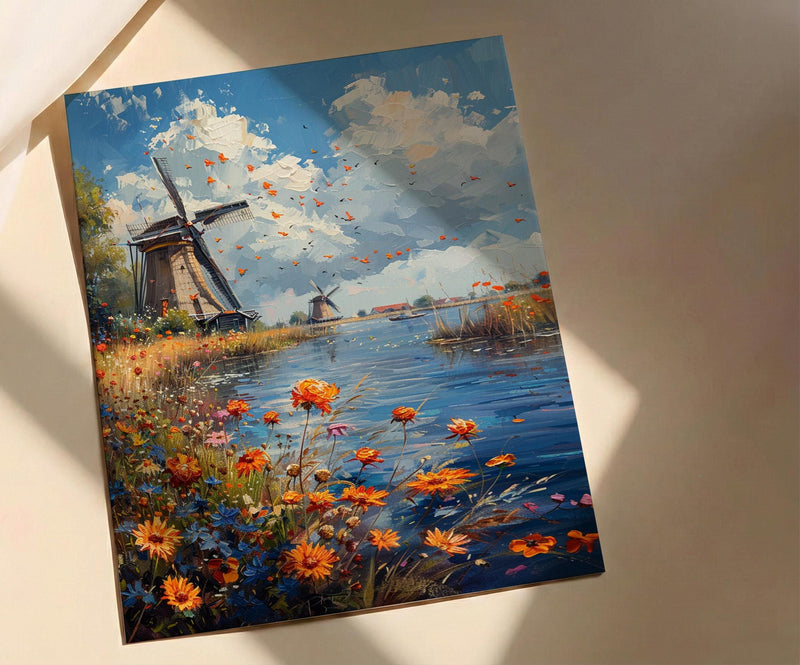 Dutch Windmill Art, Netherlands Decor - Historic Canal Print