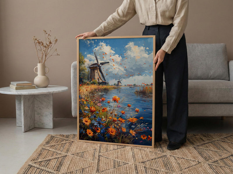 Dutch Windmill Art, Netherlands Decor - Historic Canal Print