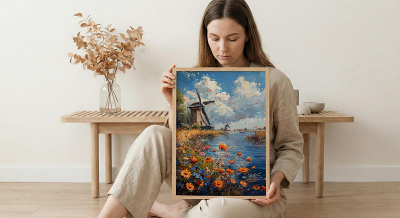 Dutch Windmill Art, Netherlands Decor - Historic Canal Print