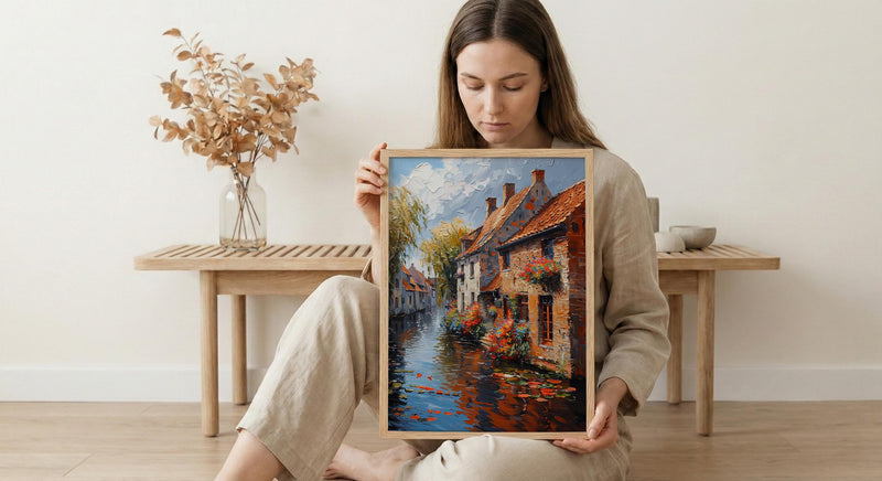 Bruges Canal Poster, Belgium City Decor - Medieval Brick Art