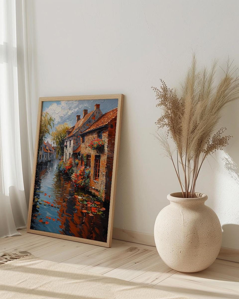 Bruges Canal Poster, Belgium City Decor - Medieval Brick Art
