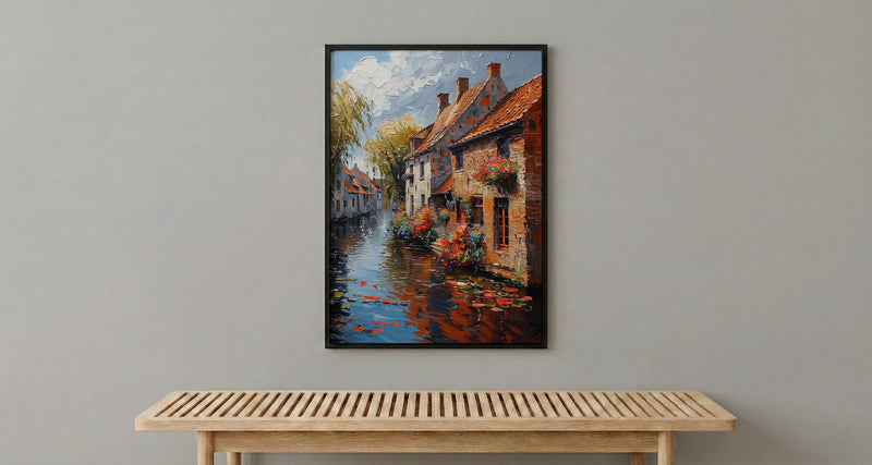 Bruges Canal Poster, Belgium City Decor - Medieval Brick Art