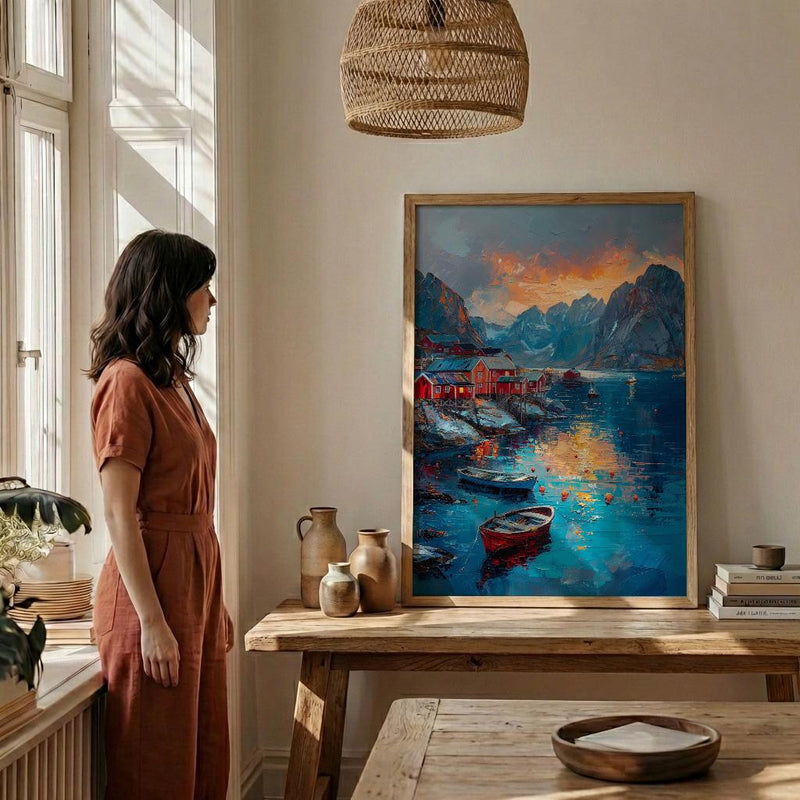Lofoten Island Art, Norway Coastal Decor - Red Fishing Cabin