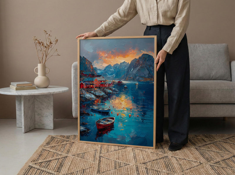 Lofoten Island Art, Norway Coastal Decor - Red Fishing Cabin