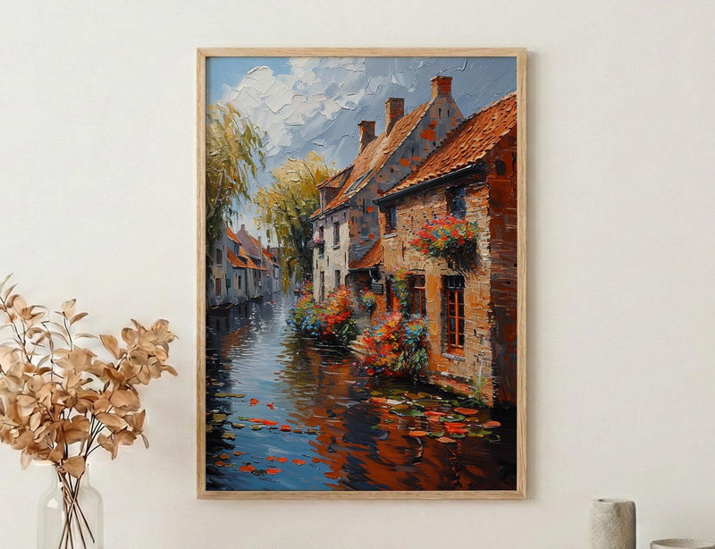 Bruges Canal Poster, Belgium City Decor - Medieval Brick Art