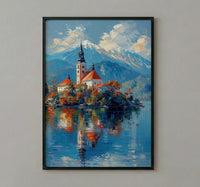 Lake Bled Art Print, Slovenia Island Decor - Alpine Church Poster