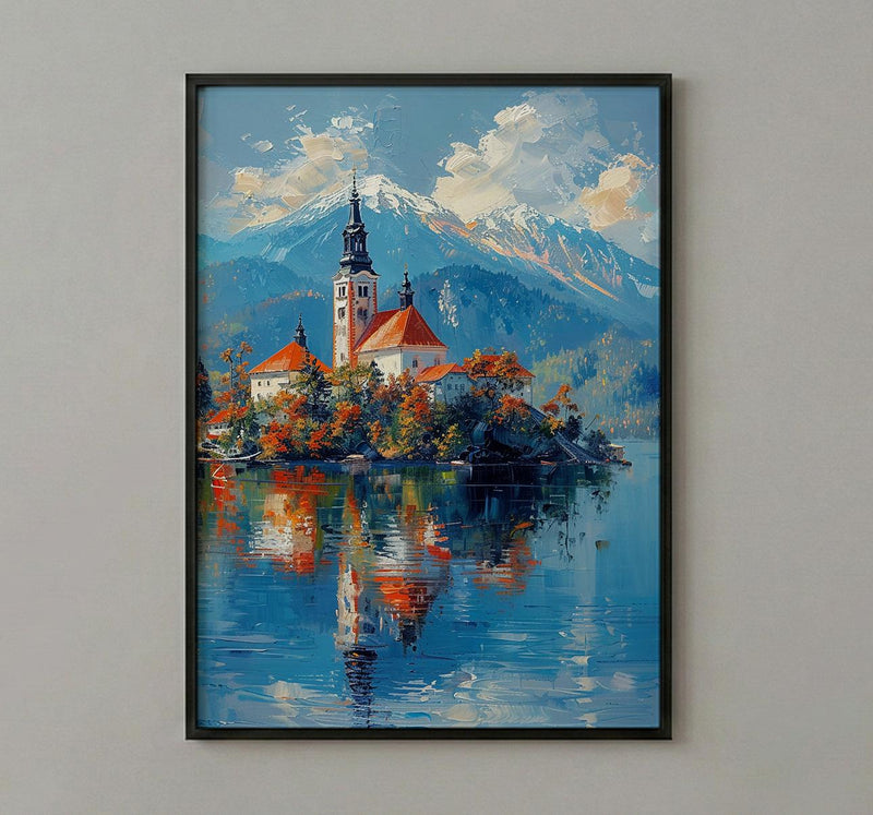 Lake Bled Art Print, Slovenia Island Decor - Alpine Church Poster