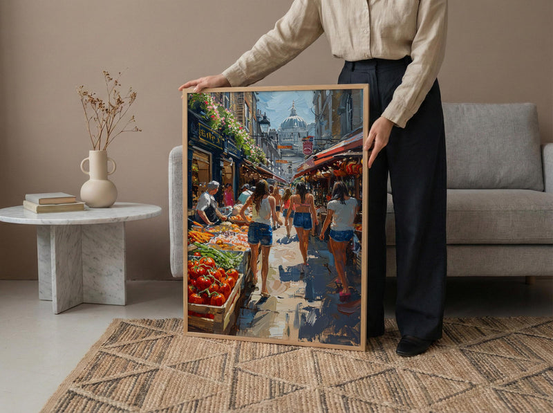 Borough Market City Poster, London Food Home Decor - Historic Artisan Food Stall Summer View