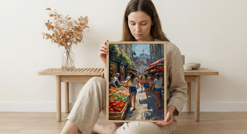 Borough Market City Poster, London Food Home Decor - Historic Artisan Food Stall Summer View