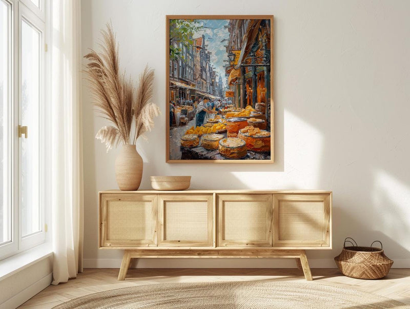 Amsterdam Market Art Print, Stroopwafel Food Home Decor - Bright Yellow Cheese Stall Summer Vibe