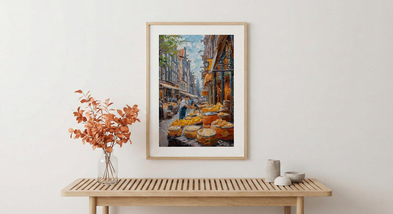 Amsterdam Market Art Print, Stroopwafel Food Home Decor - Bright Yellow Cheese Stall Summer Vibe