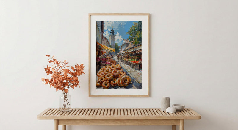 Munich Market Wall Art, Viktualienmarkt City Home Decor - Giant Fresh Pretzel Stall Summer Retreat